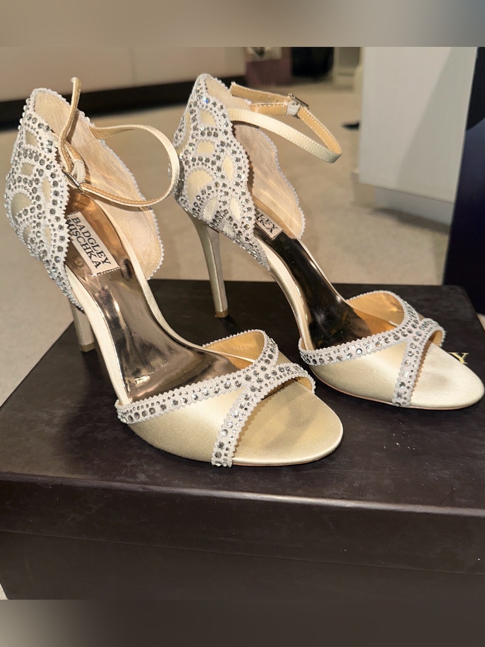 Badgley Mischka Champagne Gold Crystal Ankle-Strap Heels